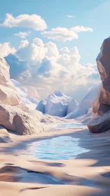 Soft desert canyon cradles a calm blue reflective stream