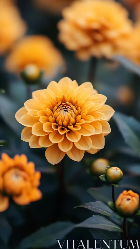 Golden Dahlia with Layered Petals Against Soft Focus.