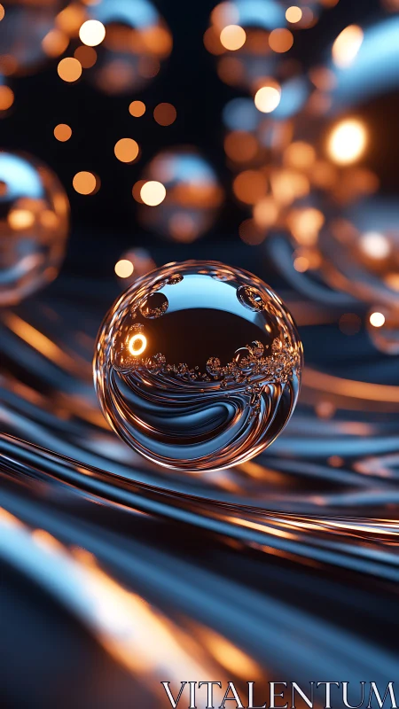 Glass sphere reflects molten bokeh over flowing metal lines.