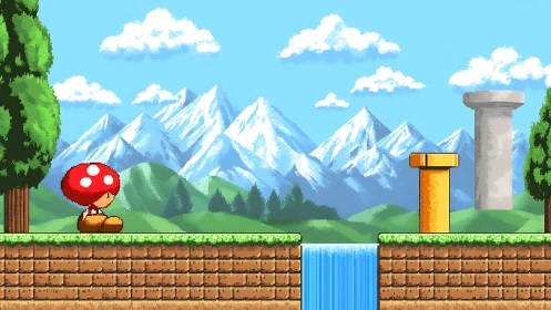 Side-view pixel game landscape with character and platforms.