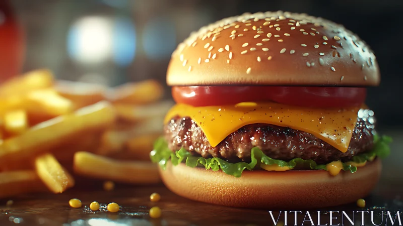Cheeseburger with fries on wooden surface in close view.