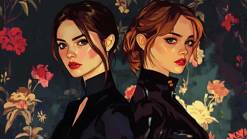 Digital painting portrait of twin women with floral backdrop.