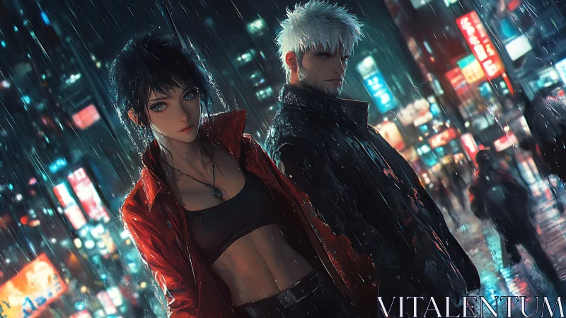 Two anime figures in neon city rain with tense posture.