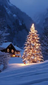 Snow-covered cabin and illuminated tree stand in winter landscape
