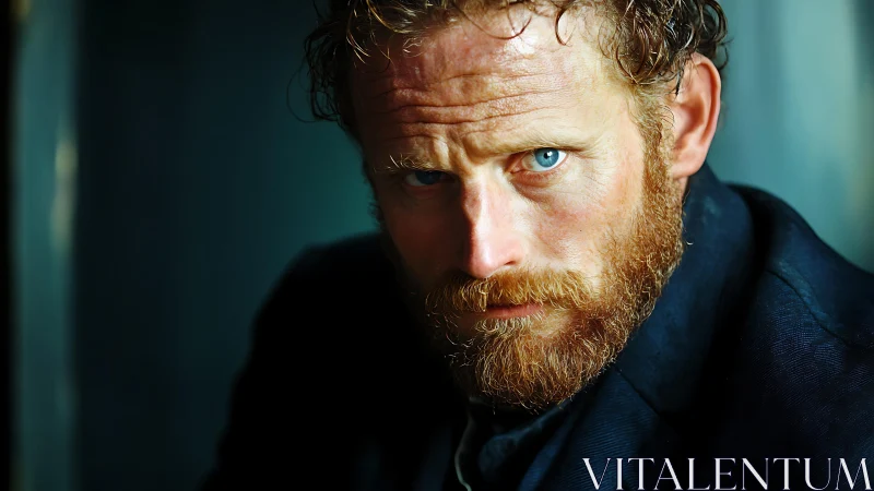 Intense blue eyed man holds direct gaze in moody light