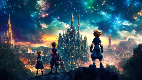 Three anime characters observe illuminated fantasy city skyline