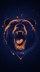 Stylized bear head illustration depicts open jaw and teeth