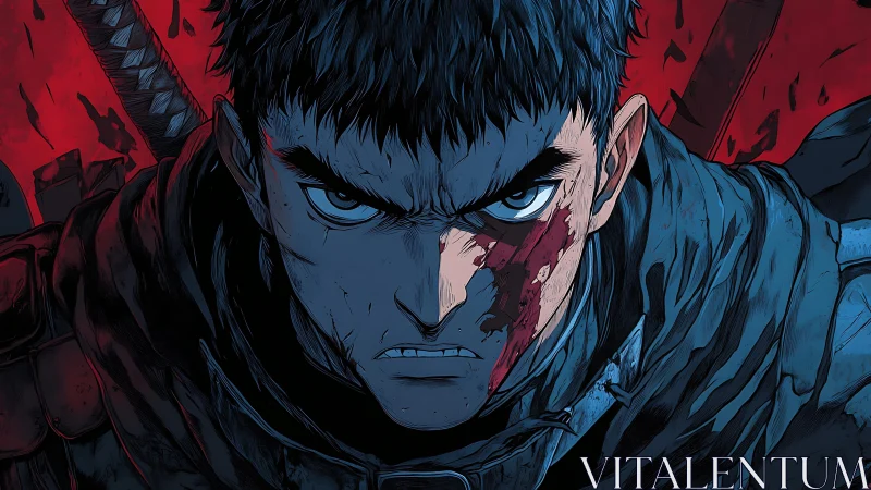 Battle-hardened swordsman portrait in high-contrast anime ink.