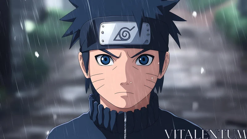 Stoic young ninja standing steady in a quiet summer rain.