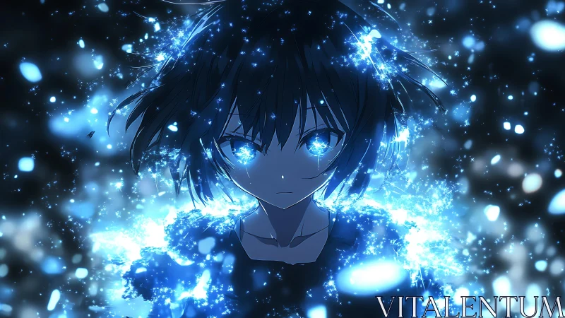 Glowing blue particle energy engulfs solemn anime portrait