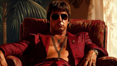 Velvet-throne outlaw lounging in sunlit crimson silence.