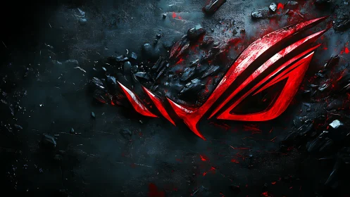 Shattered rock field with glowing red angular emblem centerpiece.