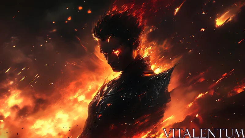 Flaming humanoid figure stands in molten, eruptive firestorm