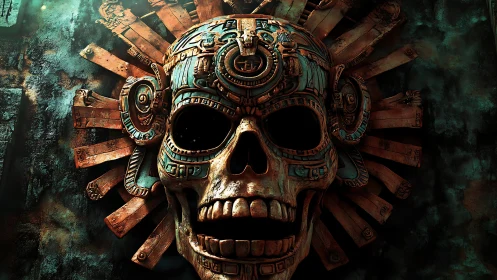 Aztec-inspired mechanical skull relief with oxidized bronze halo.