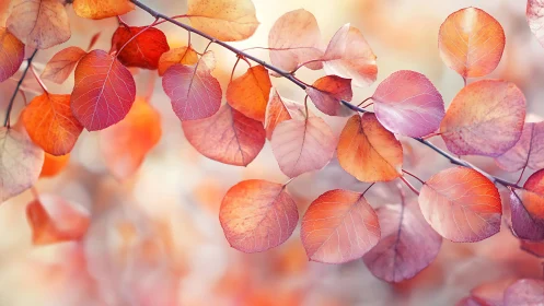 Coppery autumn leaves on delicate branch in soft bokeh glow.