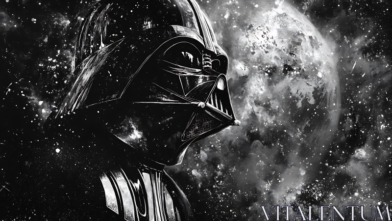 Helmeted sci‑fi figure rendered in monochrome space scene.