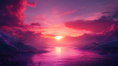 Spectral twilight over glacial river basin with volumetric clouds.