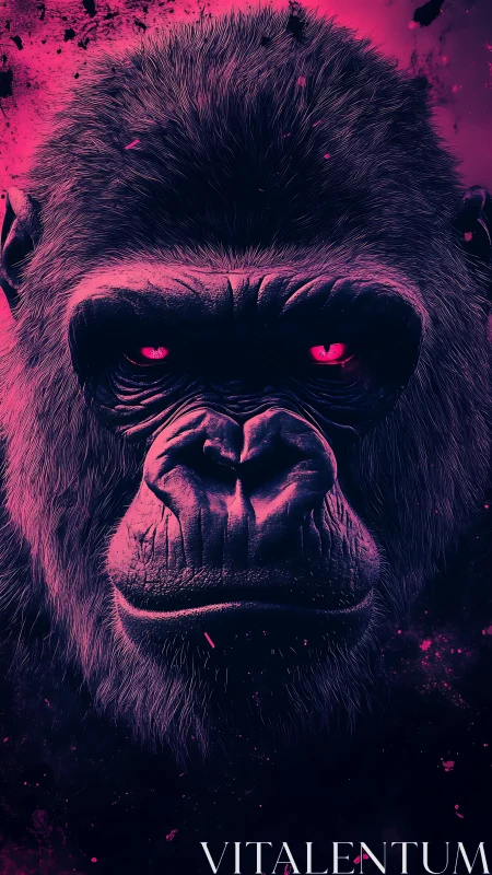 Neon-lit gorilla portrait with intense magenta gaze.