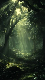 Ancient Forest Bathed in Celestial Rays of Light