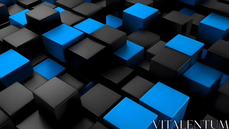 Bold blue and black cubes rise in a calm geometric rhythm