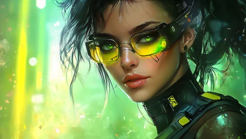 Cyberpunk hacker portrait with neon green visor glow.