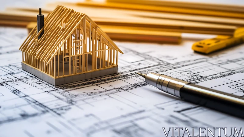 Golden architectural model on building blueprint plans