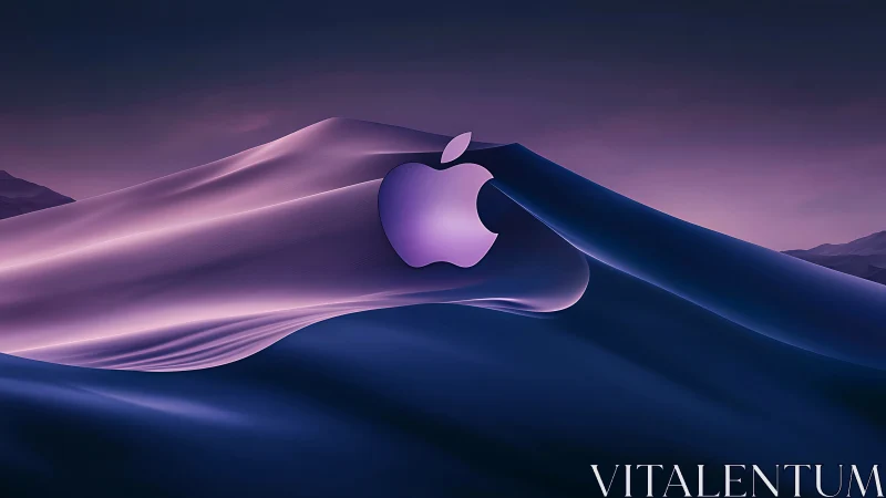 Iridescent logo embedded in violet-lit digital sandscape.