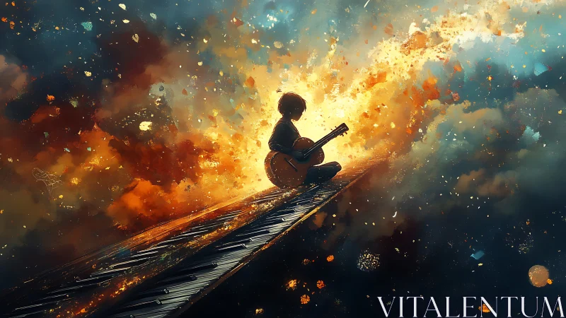 Solitary guitarist drifts through cosmic clouds of fire and light