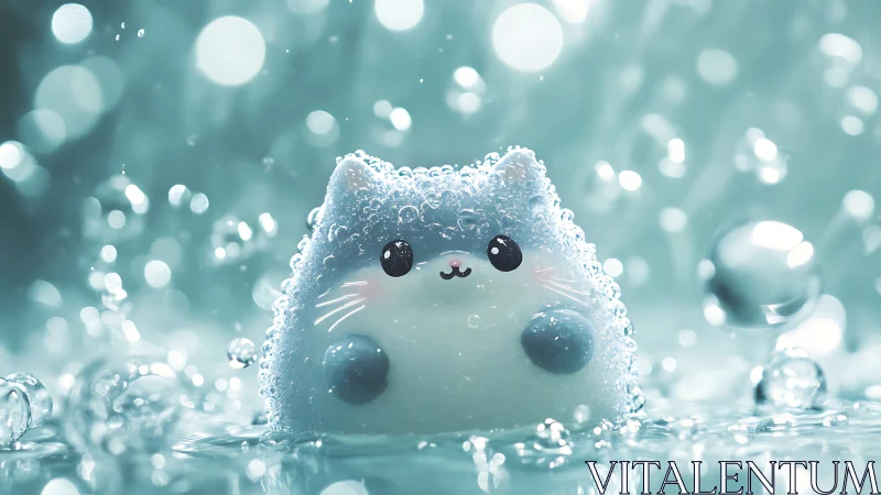 Photorealistic chibi water-cat figurine in sparkling bokeh bath.