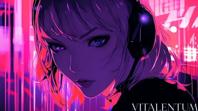 Neon-drenched DJ muse lost in ultraviolet city echoes.