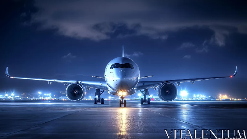 Passenger jet on runway at night with glowing city lights.