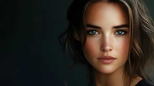 Photorealistic portrait with intense green eyed gaze on dark background.