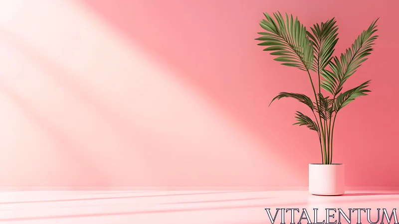 Green indoor palm in white pot against soft pink wall.