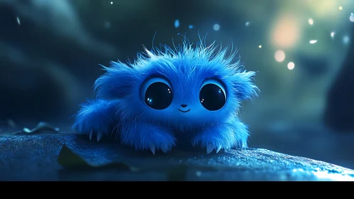 Moonlit blue fluff sprite waits on a glowing forest stone.