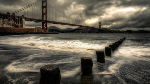 Stormy seascape shows suspension bridge and coastal pilings