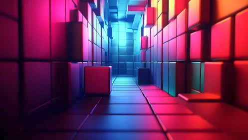 Futuristic corridor of glowing cubes in vibrant neon colors, digital art.