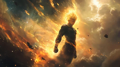 Celestial anime warrior rising through blazing cosmic storm.
