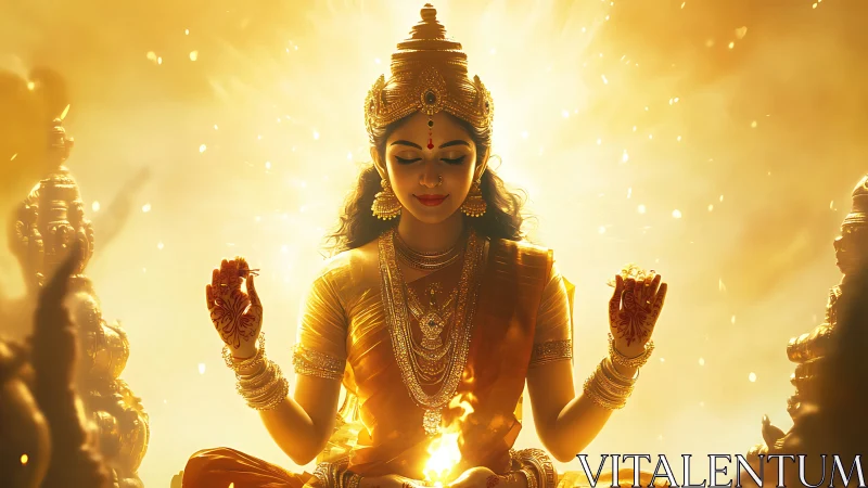 Golden goddess in meditation wrapped in ceremonial firelight.