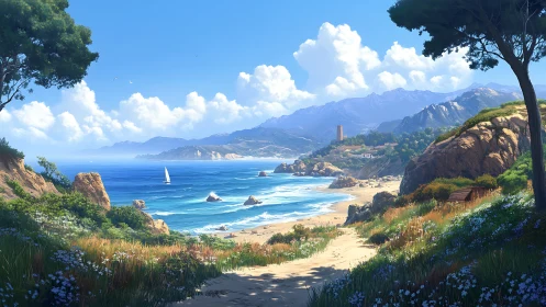 Mediterranean Coastal Valley with Mountain Range and Sailboat.