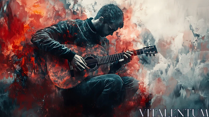 Solitary guitarist in abstract red and gray brushwork.