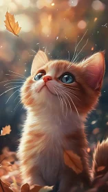 Orange and White Cat with Blue Eyes Gazing at Falling Autumn Leaves