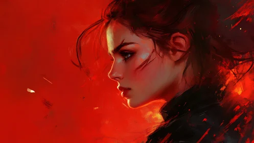 Fierce profile of a woman emerging from blazing red storm.