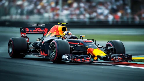 Formula race car rounds circuit corner under motion blur