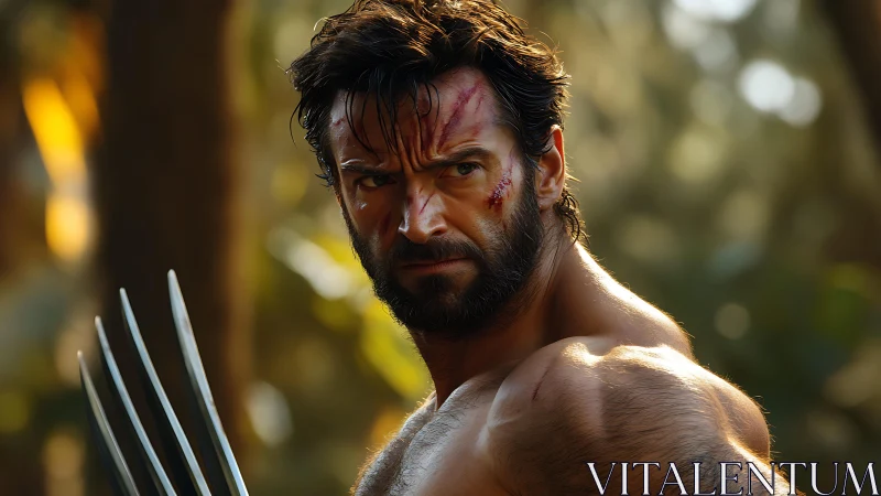 Muscular man with facial scars holding metal claws outdoors