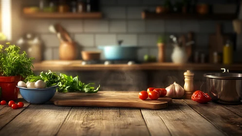 Sunlit rustic kitchen counter awaits fresh home cooking