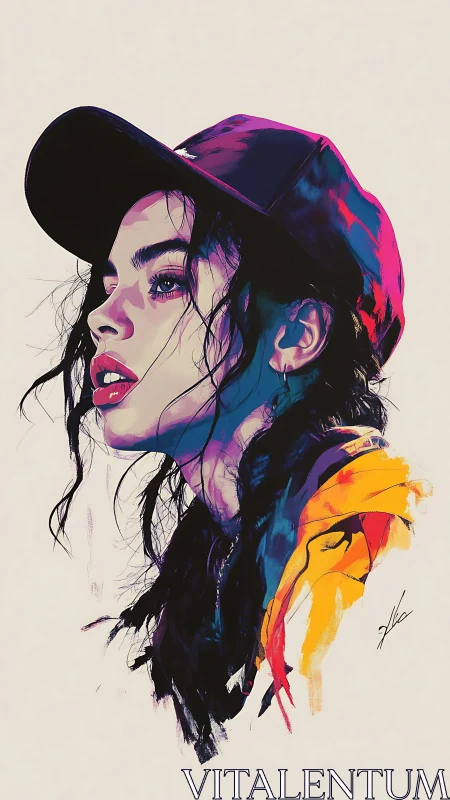 Vibrant digital portrait of woman in cap with neon shadows.