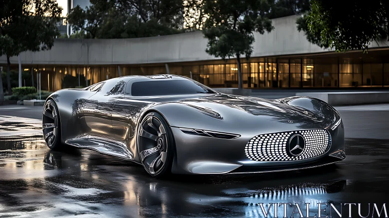 Gleaming silver concept car glides through a sleek city plaza