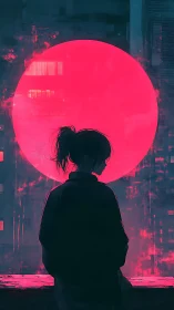 Silhouette of lone figure before large neon pink disc.