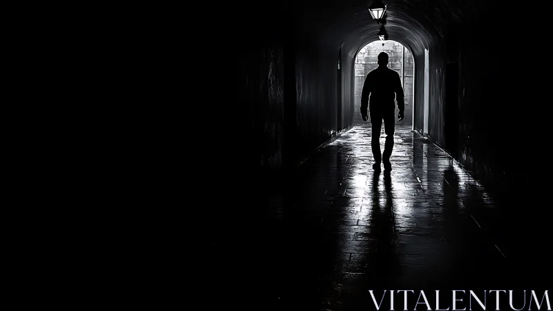 Silhouetted figure in high-contrast tunnel with reflective floor.