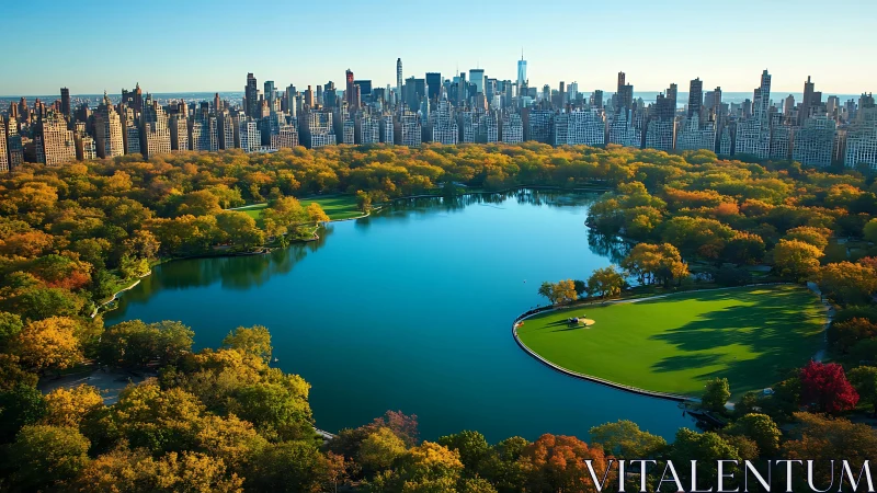 Central Park reservoir skyline with autumn foliage.